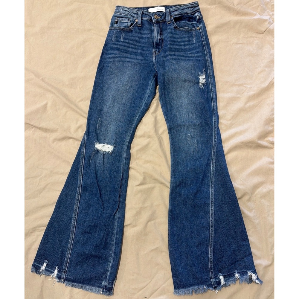 KanCan Flare Jeans Blue Distressed Raw Hem High Rise Western Festival Size 5/26 - Picture 1 of 6